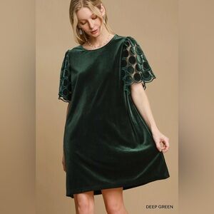 Umgee Emerald Velvet Mini Dress with Eyelet Sleeves